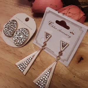 2x White Enamel Silver Rhinestone Warped Earrings